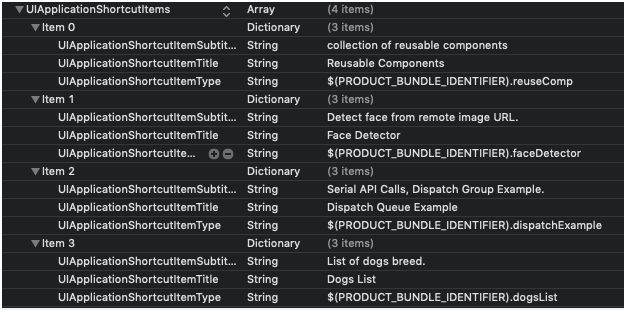 Quick action entry in info.plist file